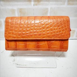 極美品 クロコダイル CROCODILE 財布 コンパクトウォレット 本革 レディース オレンジ