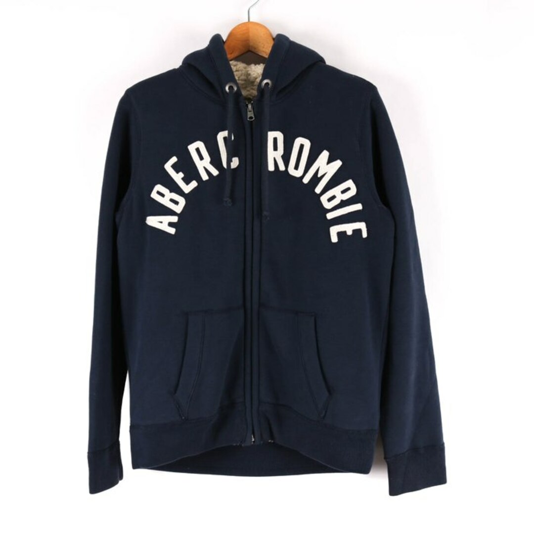 アバクロンビー&フィッチ 長袖ロゴパーカー ジップアップ 裏ボア トップス スウェット メンズ XSサイズ ネイビー Abercrombie & Fitch