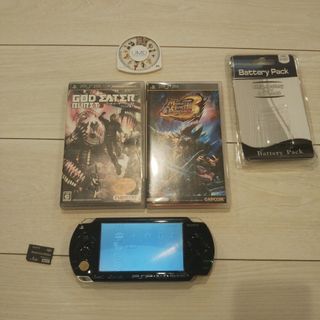 美品⭐️psp本体⭐️黒。新品バッテリー、メモリー、ゲーム３つ付き♪動作OK♪(携帯用ゲーム機本体)