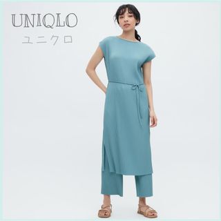 ユニクロ(UNIQLO)のsale!新品タグ付☆UNIQLOユニクロ☆半袖プリーツワンピース XXL青(ロングワンピース/マキシワンピース)