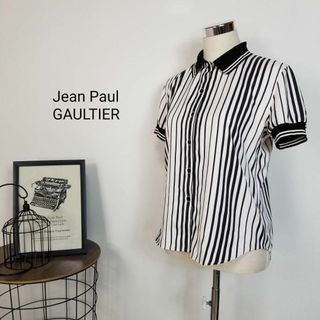 ジャンポールゴルチエ(Jean-Paul GAULTIER)の美品ジャンポールゴルチエ半袖ストライプ柄ポロカラーシャツブラウス38白黒ゴルフ(シャツ/ブラウス(半袖/袖なし))