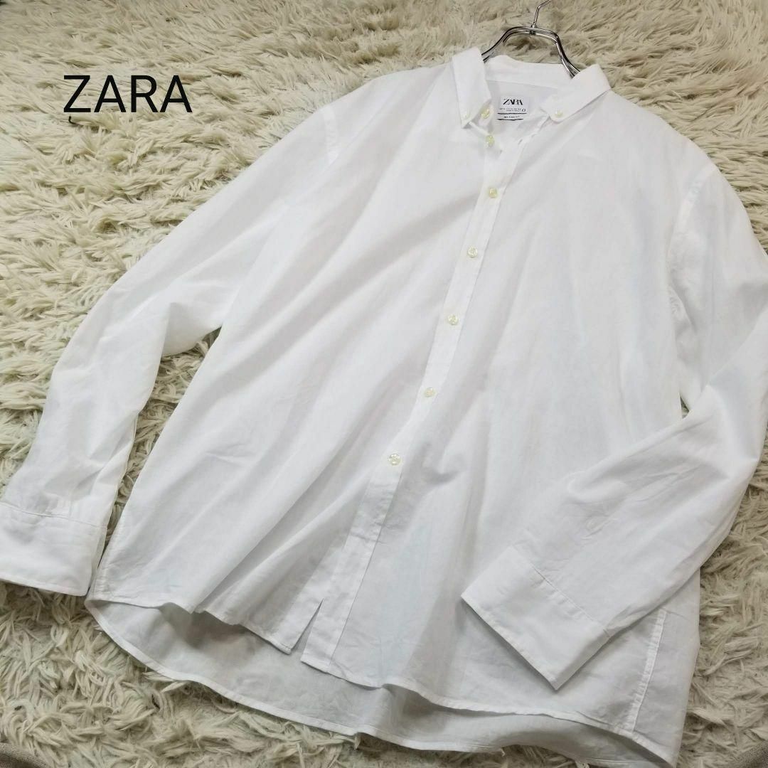 ZARA(ザラ)の美品ZARAシアー生地2WAYコットンボタンダウンシャツ海外メンズXL白 メンズのトップス(シャツ)の商品写真