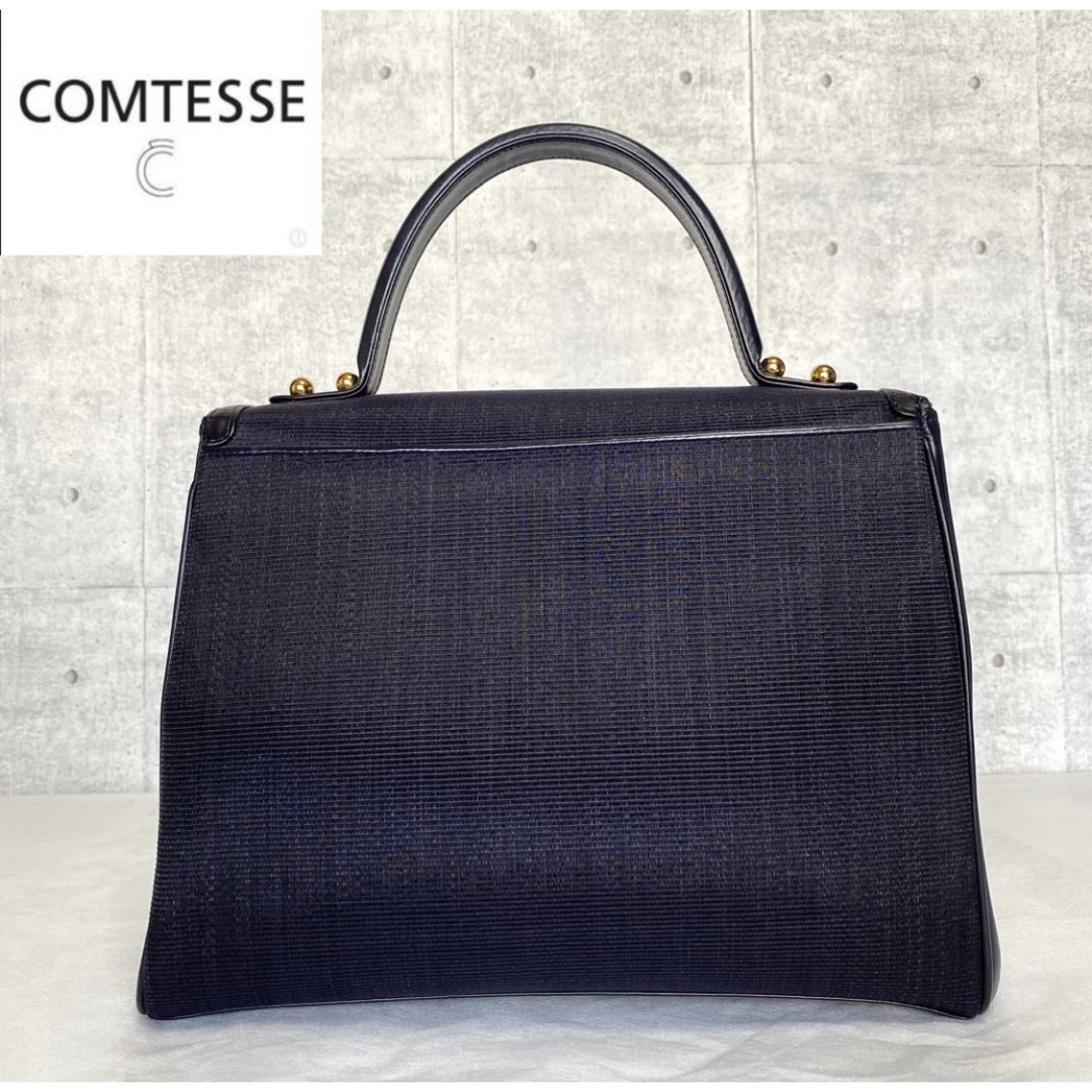 【良品】COMTESSE ホースヘア ダークネイビー ゴールド金具 ハンドバッグ 1