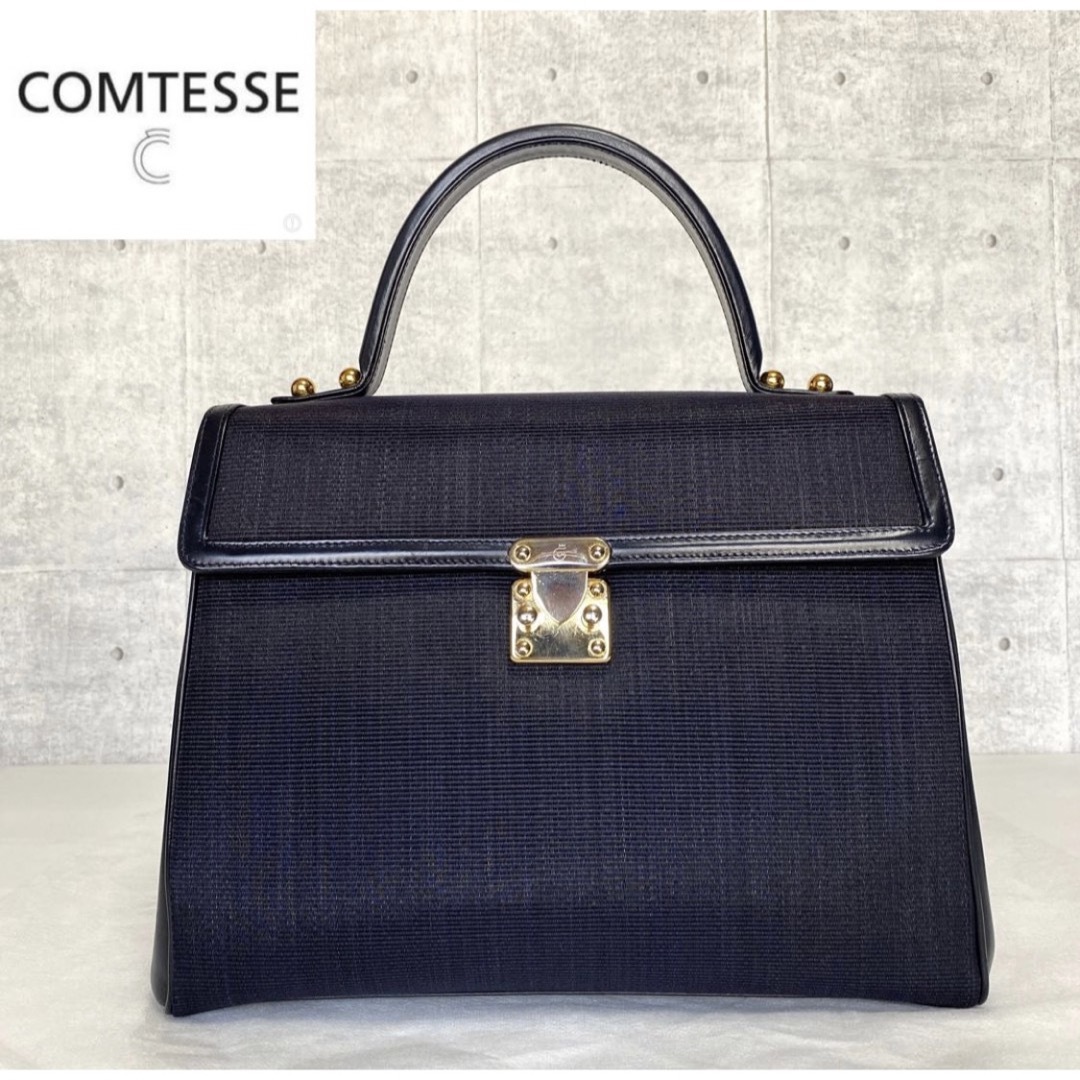 【良品】COMTESSE ホースヘア ダークネイビー ゴールド金具 ハンドバッグ