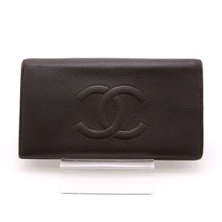 良品 シャネル 長財布 キャビアスキン ココマーク ウォレット A48651 ダークブラウン CHANEL