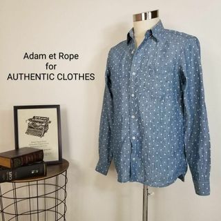 アダムエロペ(AER ADAM ET ROPE)のアダムエロペ長袖メンズLプリントドット柄オールリネンシャツ麻素材ネイビー紺白(シャツ)