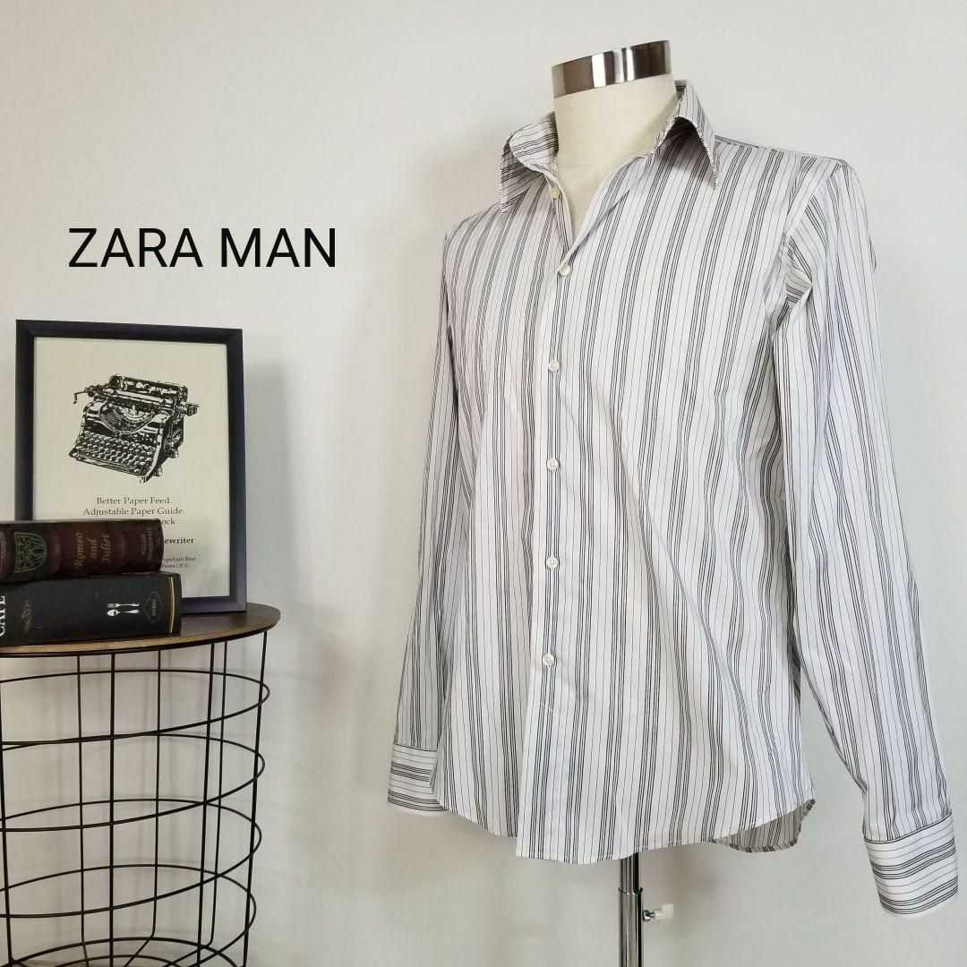 ZARA(ザラ)のZARAマルチストライプ柄ナロースプレッドカラードレスシャツ海外メンズM白黒灰 メンズのトップス(シャツ)の商品写真