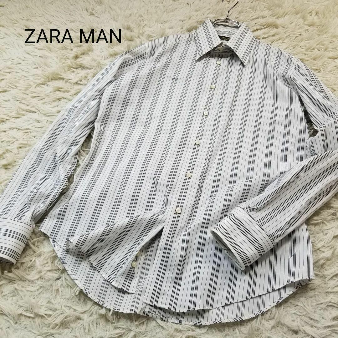 ZARA(ザラ)のZARAマルチストライプ柄ナロースプレッドカラードレスシャツ海外メンズM白黒灰 メンズのトップス(シャツ)の商品写真