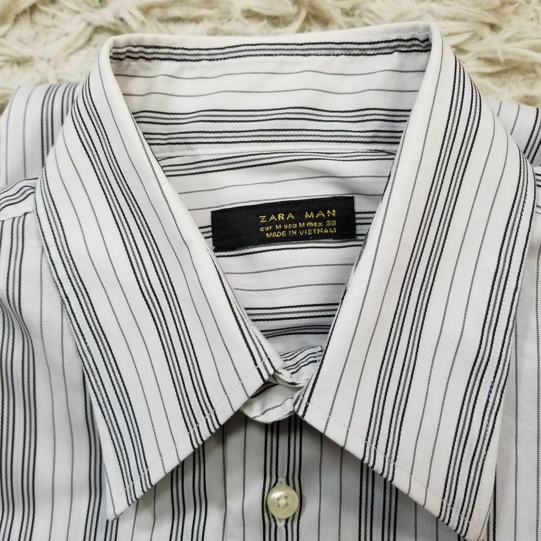 ZARA(ザラ)のZARAマルチストライプ柄ナロースプレッドカラードレスシャツ海外メンズM白黒灰 メンズのトップス(シャツ)の商品写真