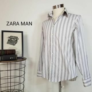 ザラ(ZARA)のZARAマルチストライプ柄ナロースプレッドカラードレスシャツ海外メンズM白黒灰(シャツ)