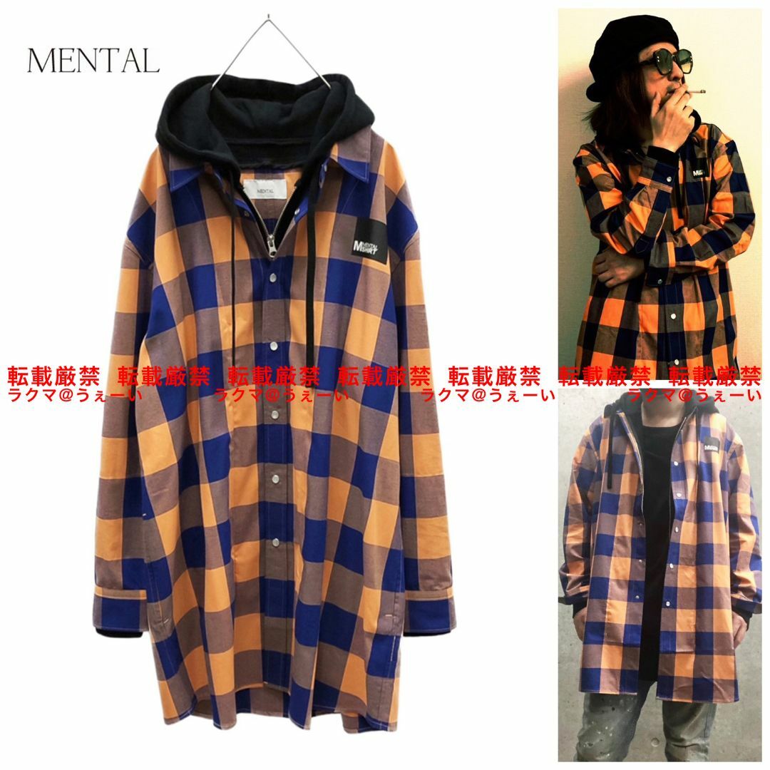 美品 清春着 MENTAL フードチェックシャツ ORANGE