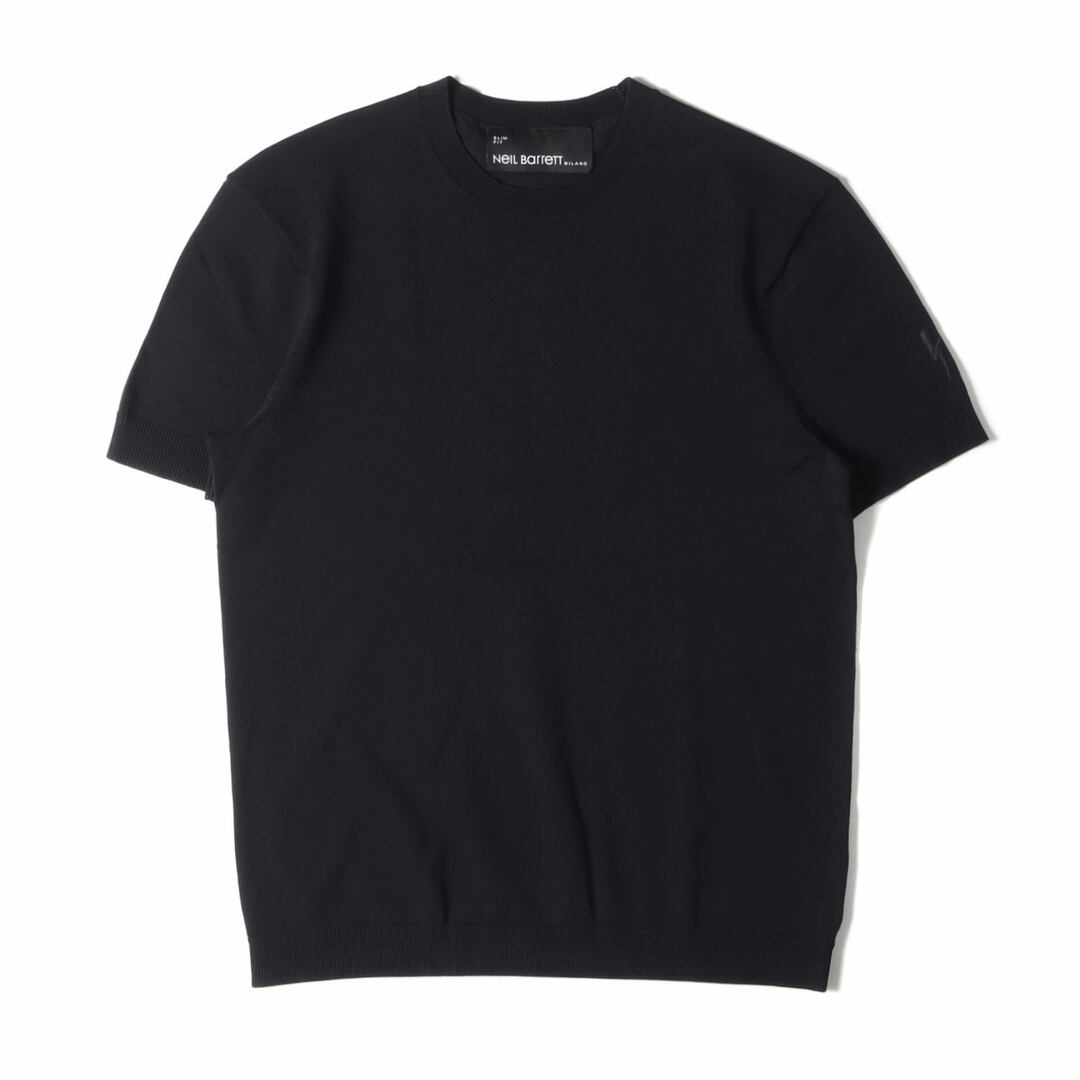 Neil Barrett ニールバレット Tシャツ サイズ:S 近年モデル ストレッチ レーヨン ニット クルーネック Tシャツ BMA1063E-C600 半袖 ニットソー SLIM FIT ダークネイビー トップス カットソー シンプル 無地 カジュアル ブランド【メンズ】【美品】