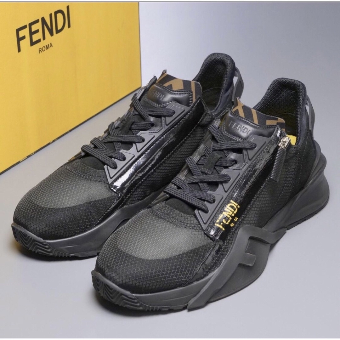 FENDI フェンディ スニーカー サイズ:6 現行モデル ホワイトレザー ロートップ サイドジップ  FFモチーフ ジャカード FLOW フロー ホワイト ブラウン 白 シューズ 靴 ブランド【メンズ】【美品】