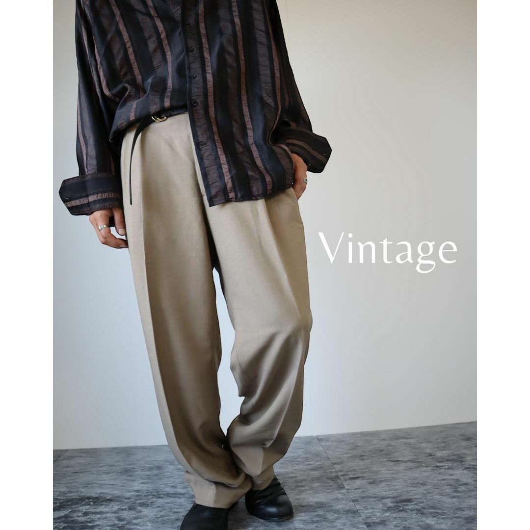 【vintage】2タック ワイド 織柄 スラックス レトロ ベージュ W34