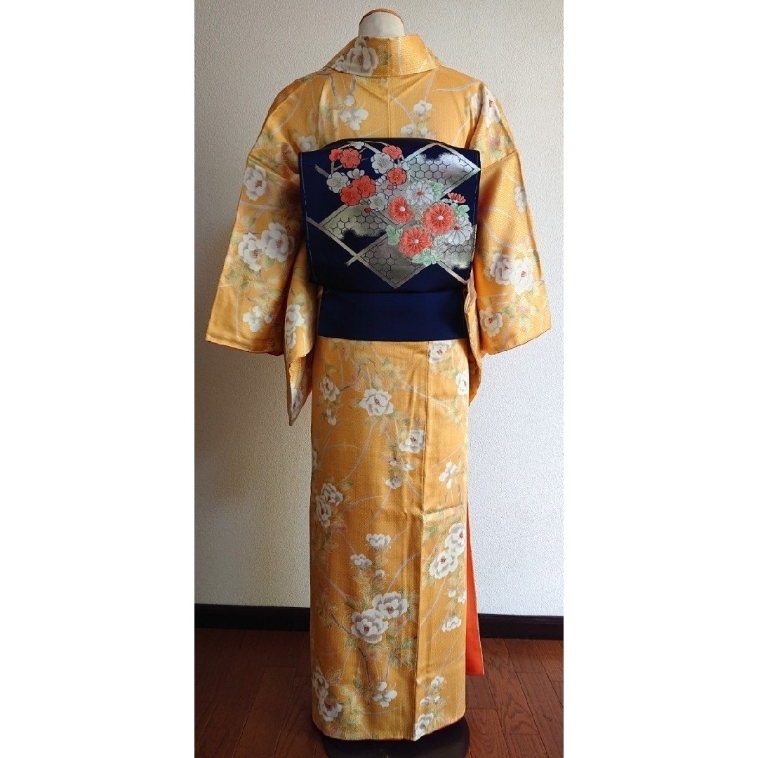 ★即決価格★上品♪【正絹 小紋】 着物 豪華花柄デザイン イエロー
