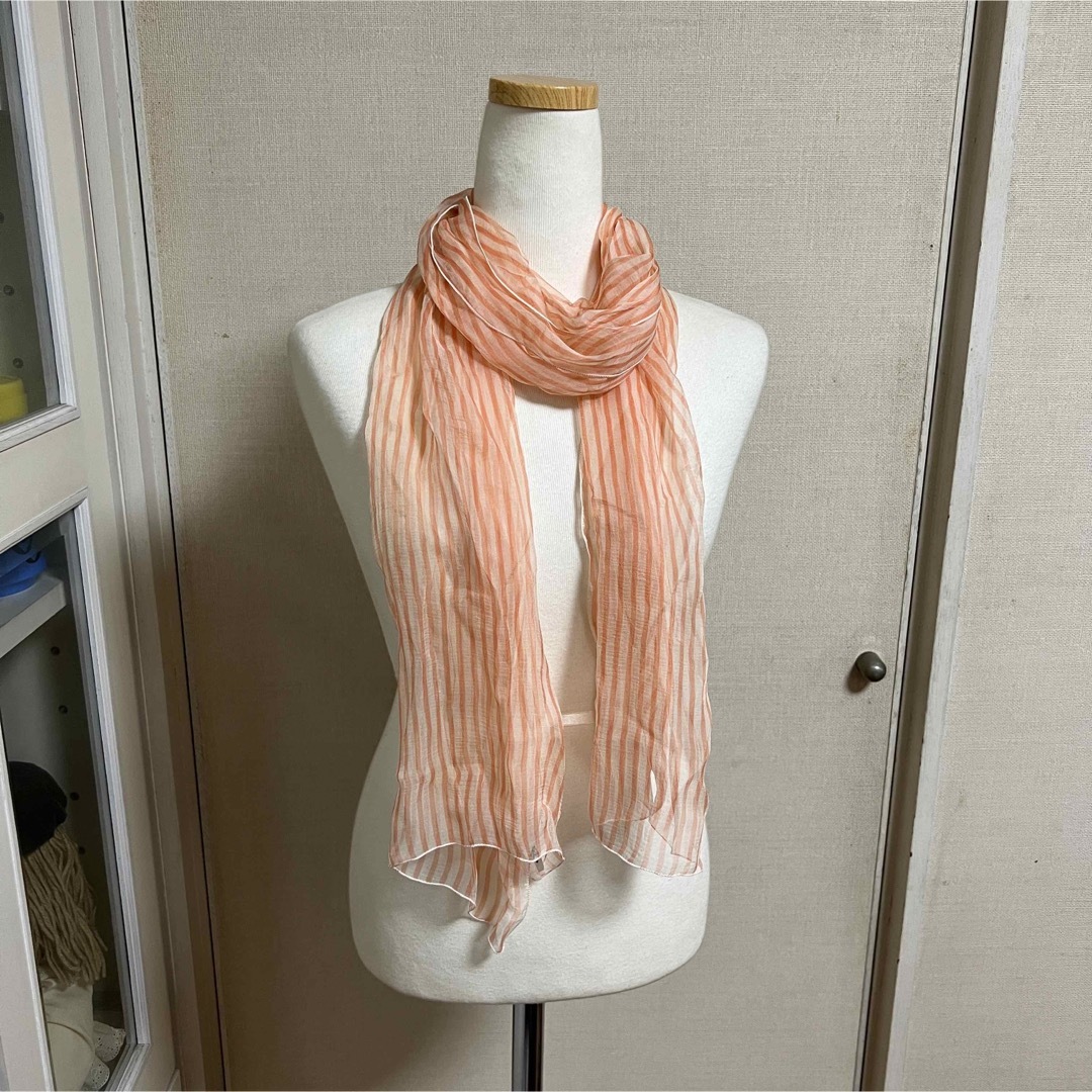 レディーススカーフ フランス製　オレンジ ストライプ ビタミンカラー シルク 絹100%
