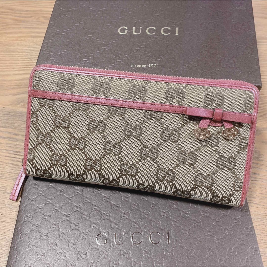 ◤GUCCI◢ GGキャンバス ラウンドファスナー 長財布 リボン ピンク-