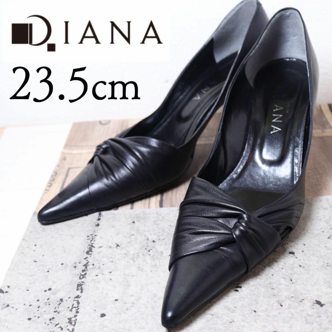 極美品】DIANA ダイアナ 23.5 リボン レザー ポインテッドトゥ 黒-