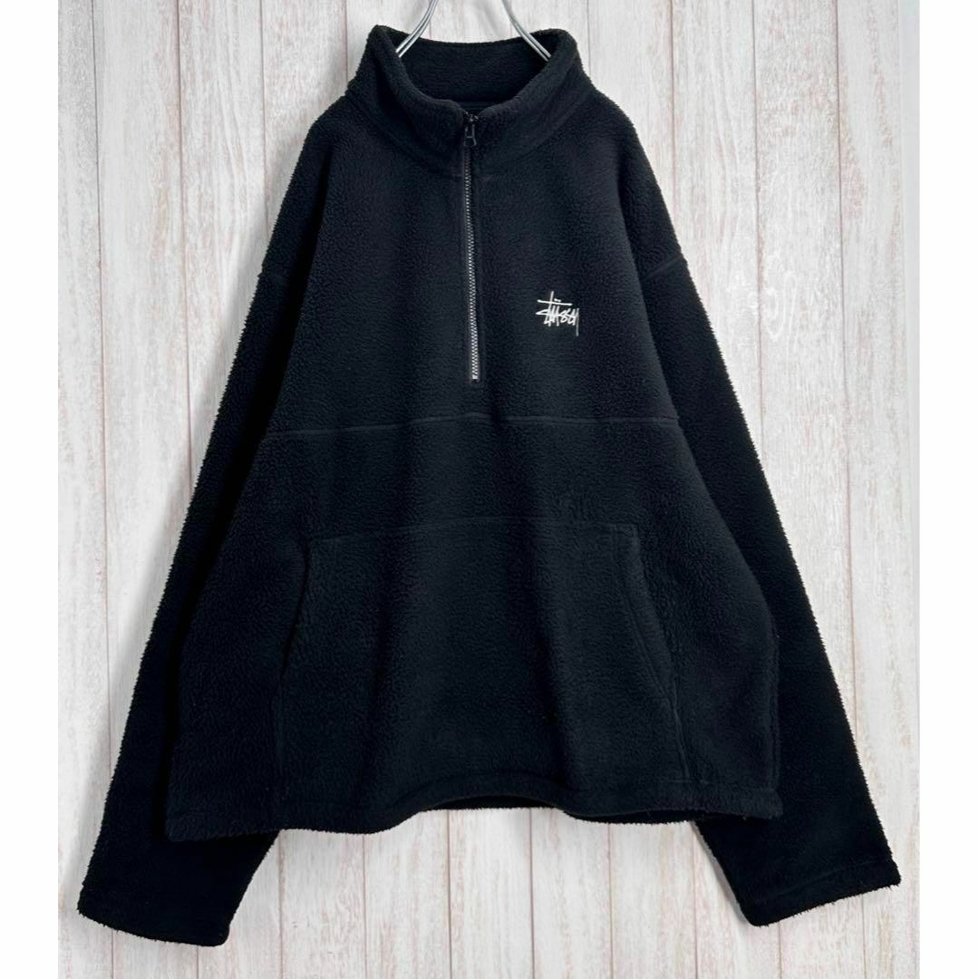 【即完売品】ステューシー 刺繍ロゴ ハーフジップ ボアジャケット フリースL 黒