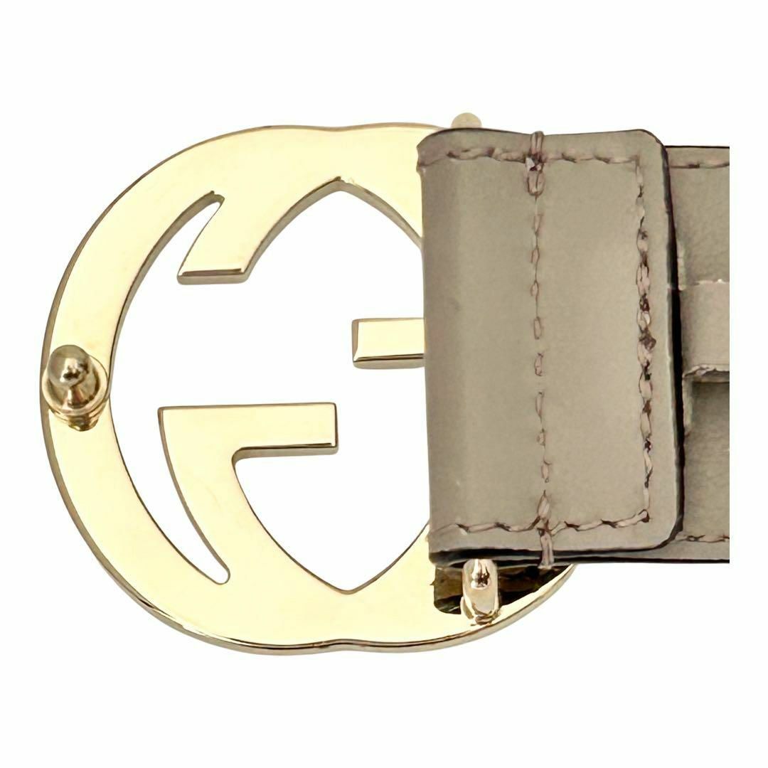 GUCCI】グッチ レザー ベルトインターロッキング G ゴールド グレージュ-