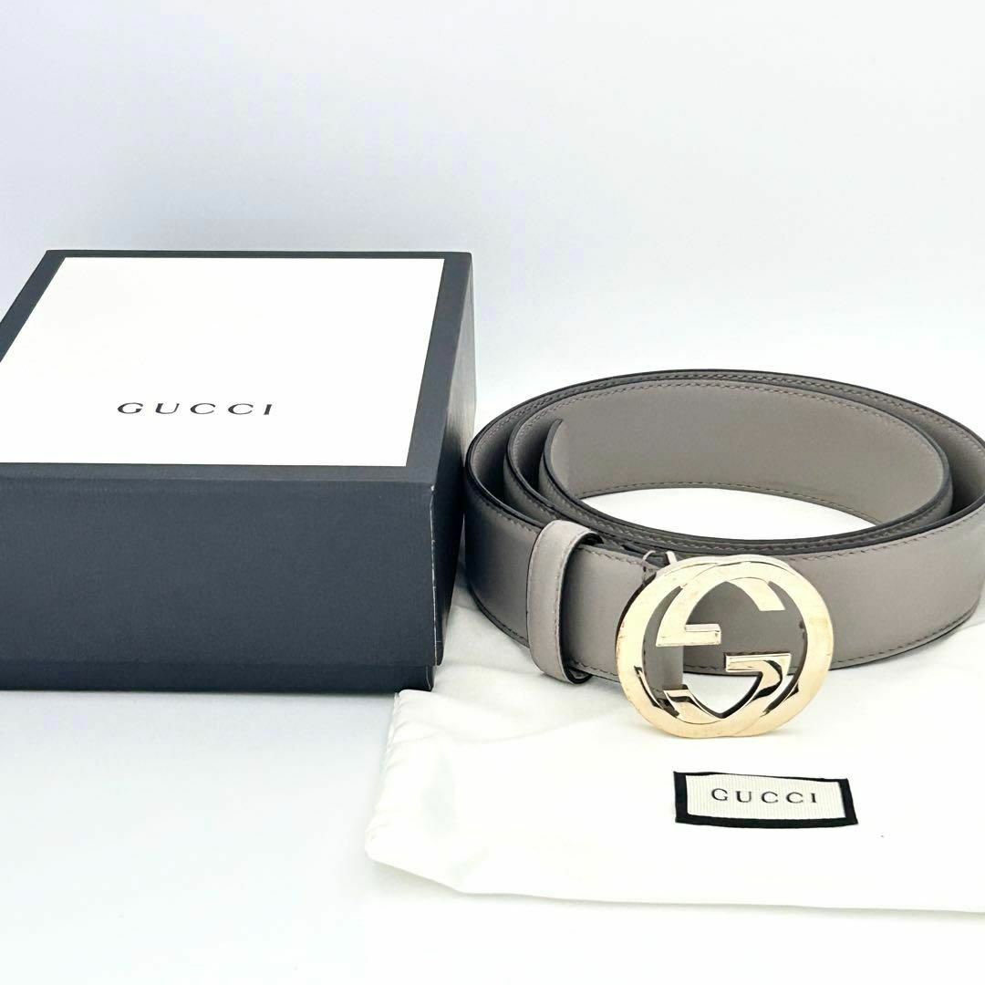 GUCCI】グッチ レザー ベルトインターロッキング G ゴールド グレージュ-