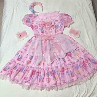 アンジェリックプリティー(Angelic Pretty)のSugar Candy Shop OP カフス ピンク 美品(ひざ丈ワンピース)