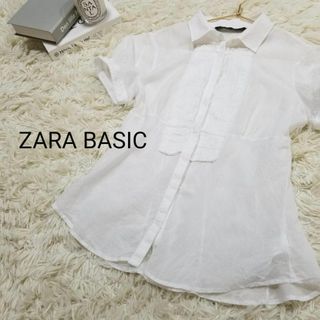 ザラ(ZARA)のザラベーシックZARABASICシアースタンダードカラーシャツ白Mギャザーフリル(シャツ/ブラウス(半袖/袖なし))