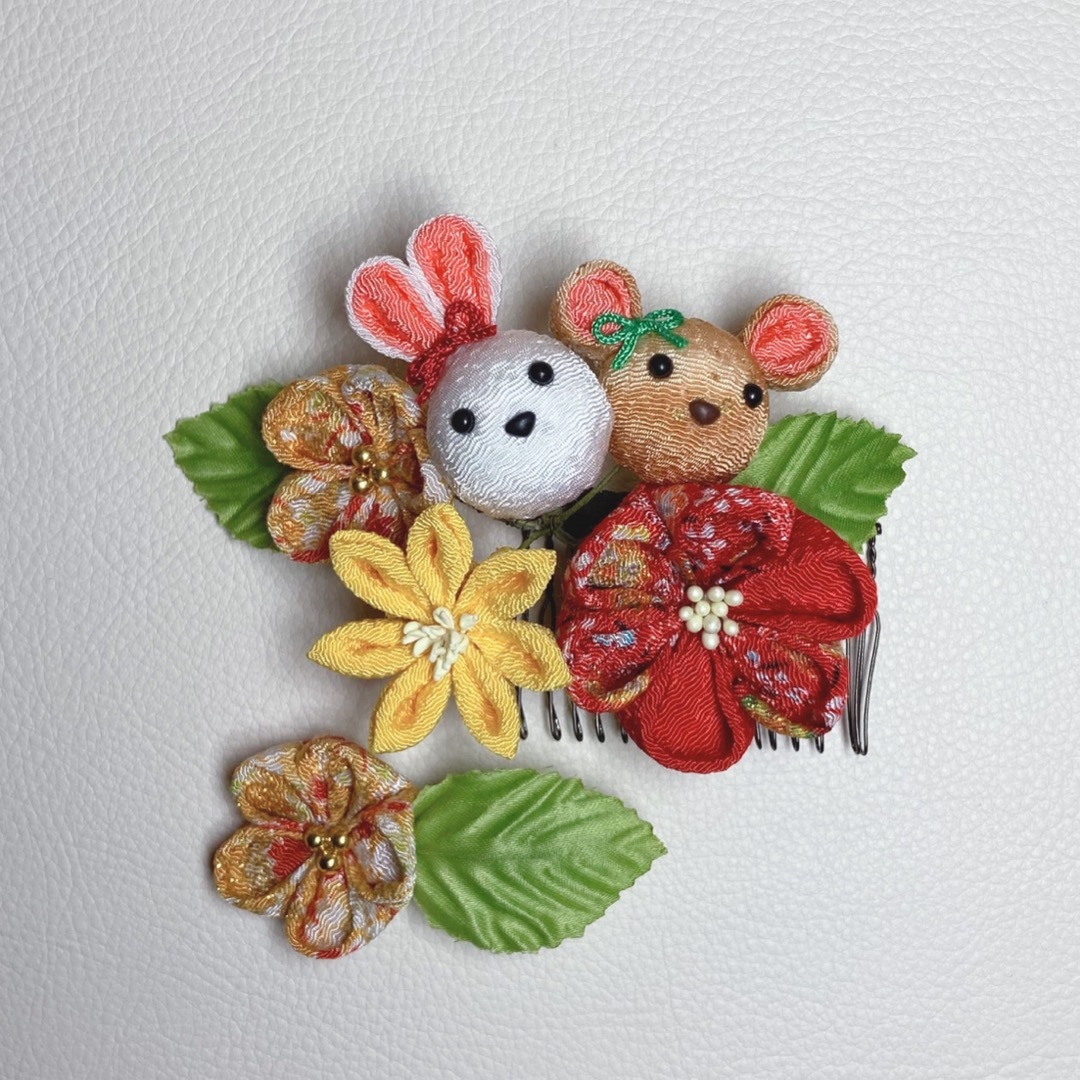 【ハンドメイド】No.30 つまみ細工♡うさぎとくまの髪飾り♡七五三