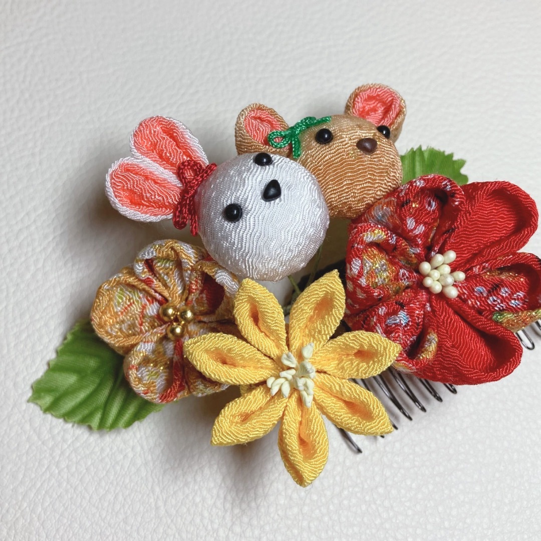 【ハンドメイド】No.30 つまみ細工♡うさぎとくまの髪飾り♡七五三