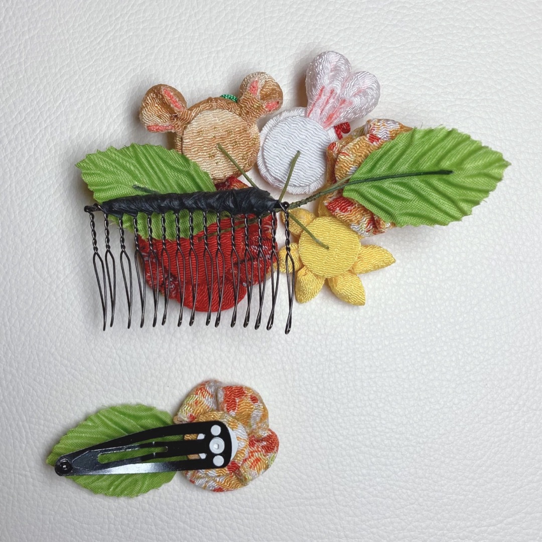 【ハンドメイド】No.30 つまみ細工♡うさぎとくまの髪飾り♡七五三