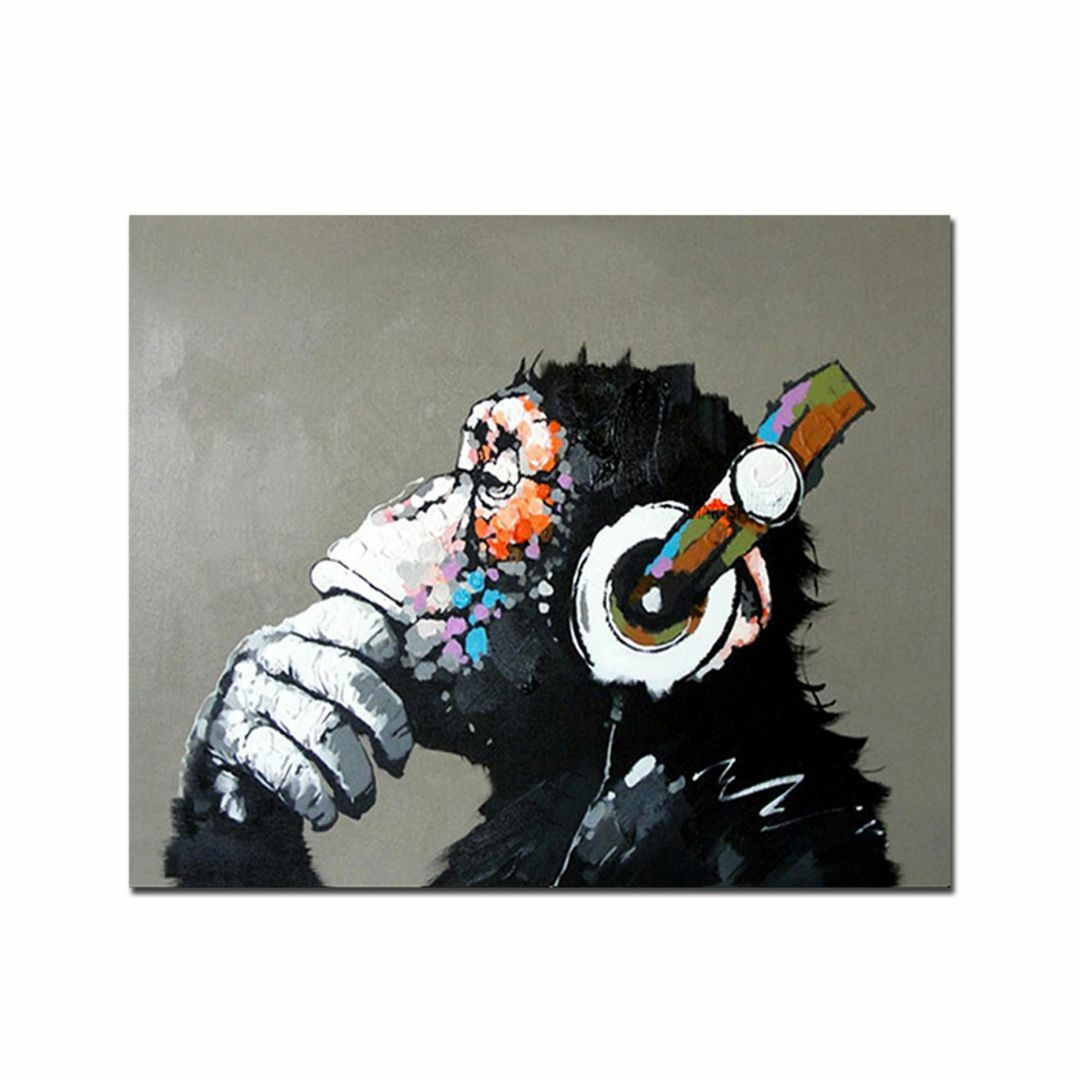 Fokenzary手書き 絵画 壁掛け油彩画音楽を聴く猿抽象画現代ポップアート玄