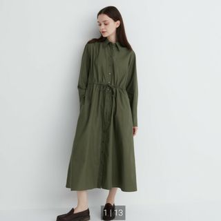 ユニクロ(UNIQLO)のUNIQLOコットンロングシャツワンピース（長袖・標準丈(ロングワンピース/マキシワンピース)