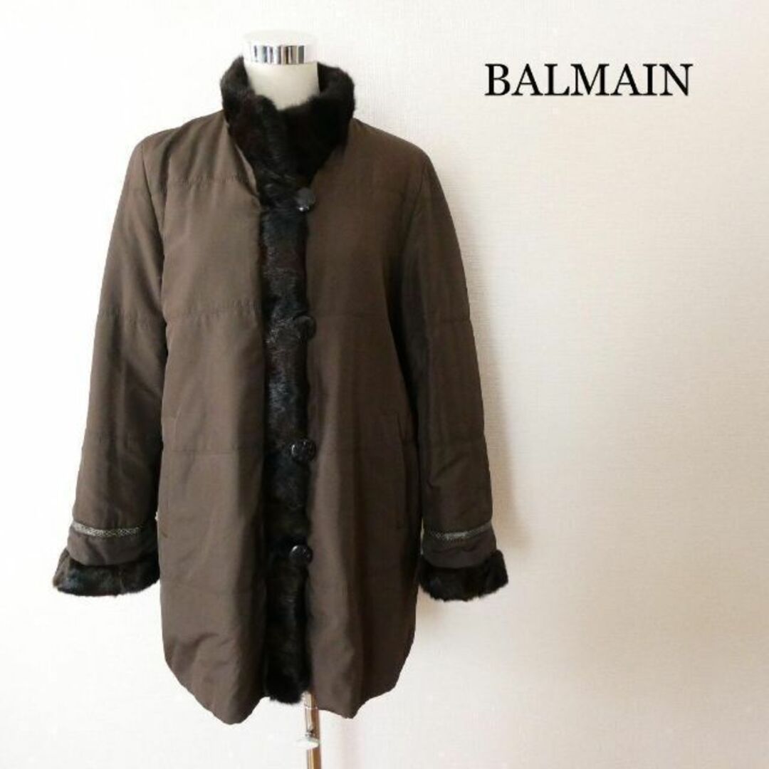 高級　BALMAIN　リバーシブルラビットファー中綿コート　シルク　キルティング