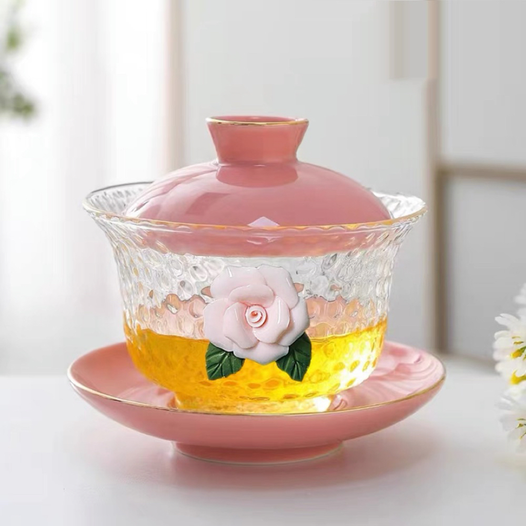 蓋碗　茶杯セット 耐熱ガラス製の中国茶器 1客 薔薇