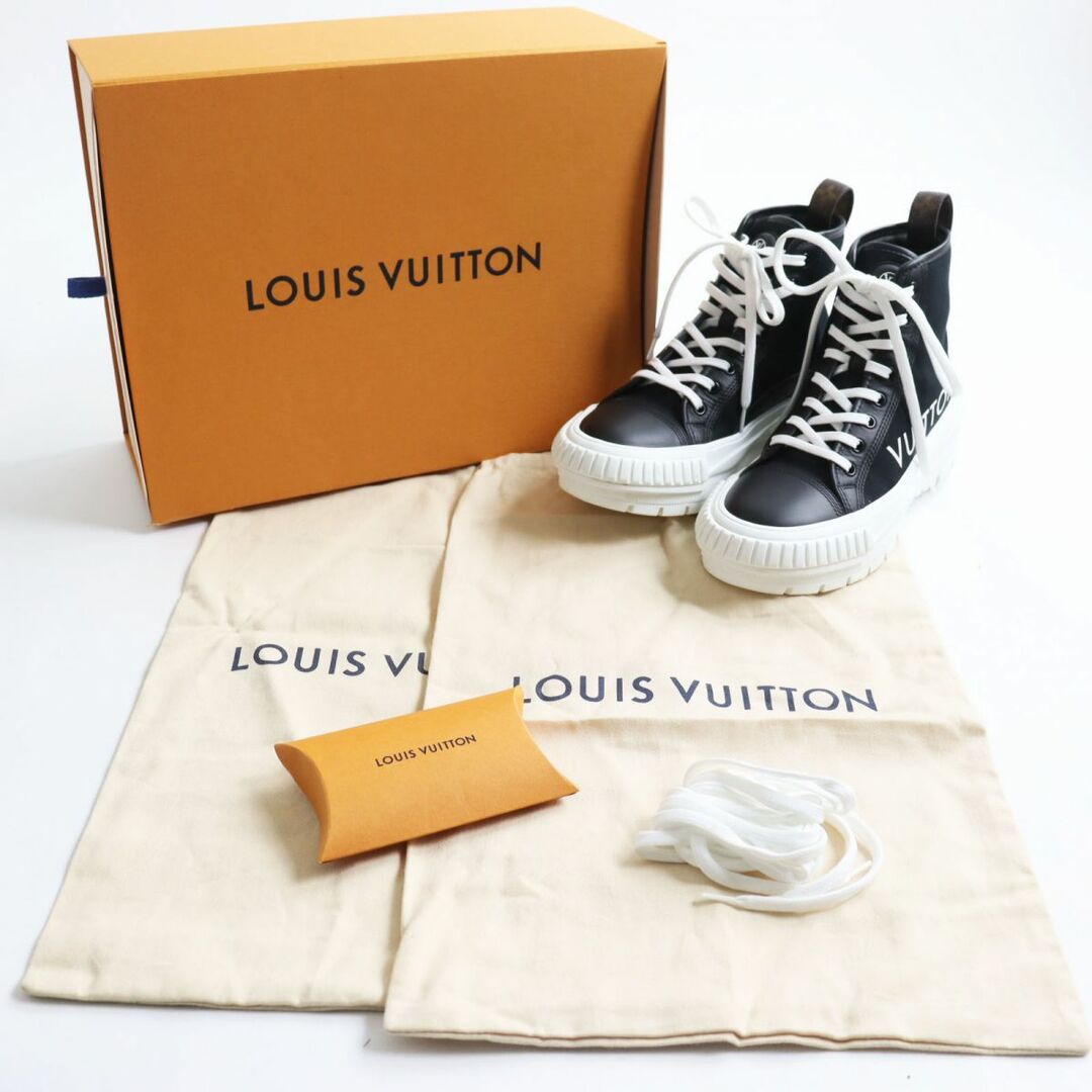 美品●LOUIS VUITTON ルイヴィトン LVスクアッド・ライン キャンバス×レザー モノグラム LVロゴ ハイカットスニーカー 黒×白×茶 39 伊製