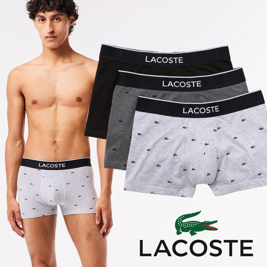 LACOSTE ラコステ ショート丈 ボクサーパンツ 5H3411-VDP マルチワニ 総柄 無地 3パック 3P 3枚組 コットン 綿 吸水性 通気性 メンズ パンツ ショーツ 男性 男性用 下着 ブラック グレー ボクサー セット 黒 灰色 ギフト プレゼント