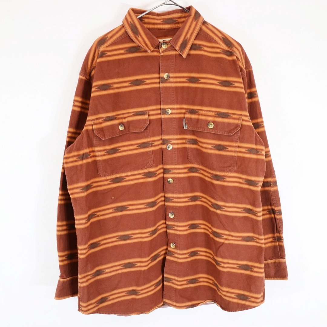 WOOLRICH(ウールリッチ)のWOOLRICH ウールリッチ ネイティブパターン プリントネルシャツ 長袖 総柄 オルテガ柄 ポケット オレンジ (メンズ L) 中古 古着 N6345 メンズのトップス(シャツ)の商品写真