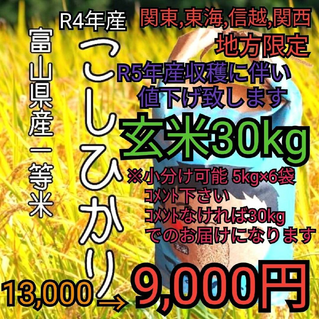 食品/飲料/酒✳️お値下げ✳️富山県産コシヒカリ玄米30㎏関東 東海 信越 関西地方限定