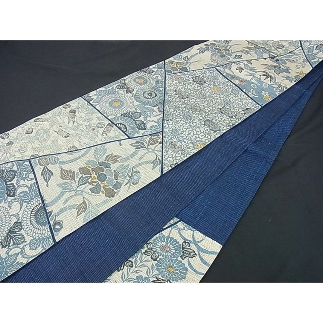 平和屋1□極上 全通柄袋帯 紬地 型染め 藍 切嵌楽器草花文 逸品 1s068