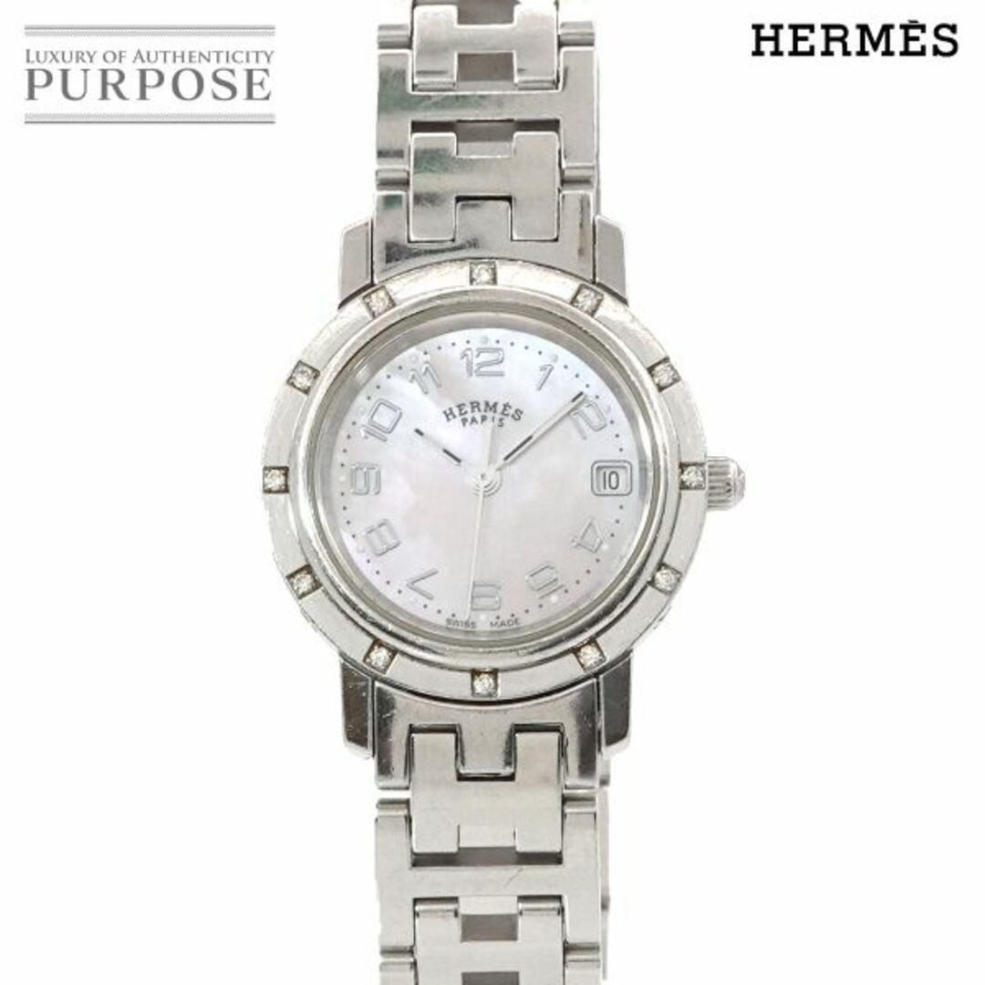 ★箱・保証書付き【HERMES】エルメス クリッパー ナクレ 12Pダイヤ CL4.230 クォーツ レディース_708743【ev10】