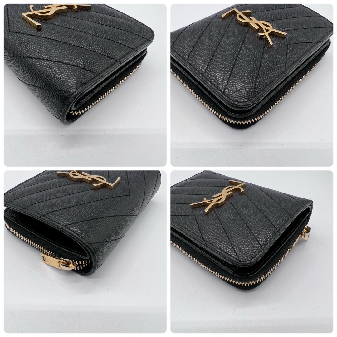 Saint Laurent(サンローラン)の美品！サンローラン　パリ　Vステッチ　コンパクト折り財布　ブラック レディースのファッション小物(財布)の商品写真