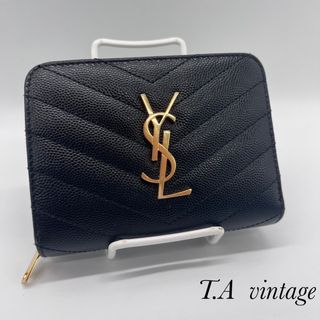 サンローラン(Saint Laurent)の美品！サンローラン　パリ　Vステッチ　コンパクト折り財布　ブラック(財布)