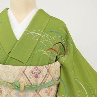 訪問着＊ちりめん袷着物 刺繍 芝文 略礼装 緑色 背紋有 正絹 7HG21