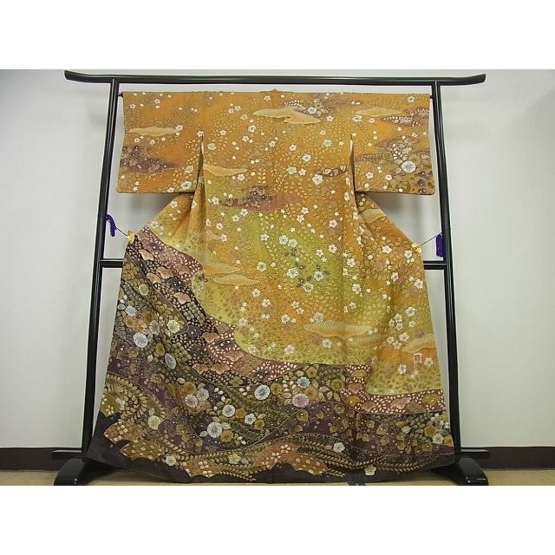 平和屋1□極上 訪問着 作家物 辻が花 絞り 暈し染め 金通し地 逸品