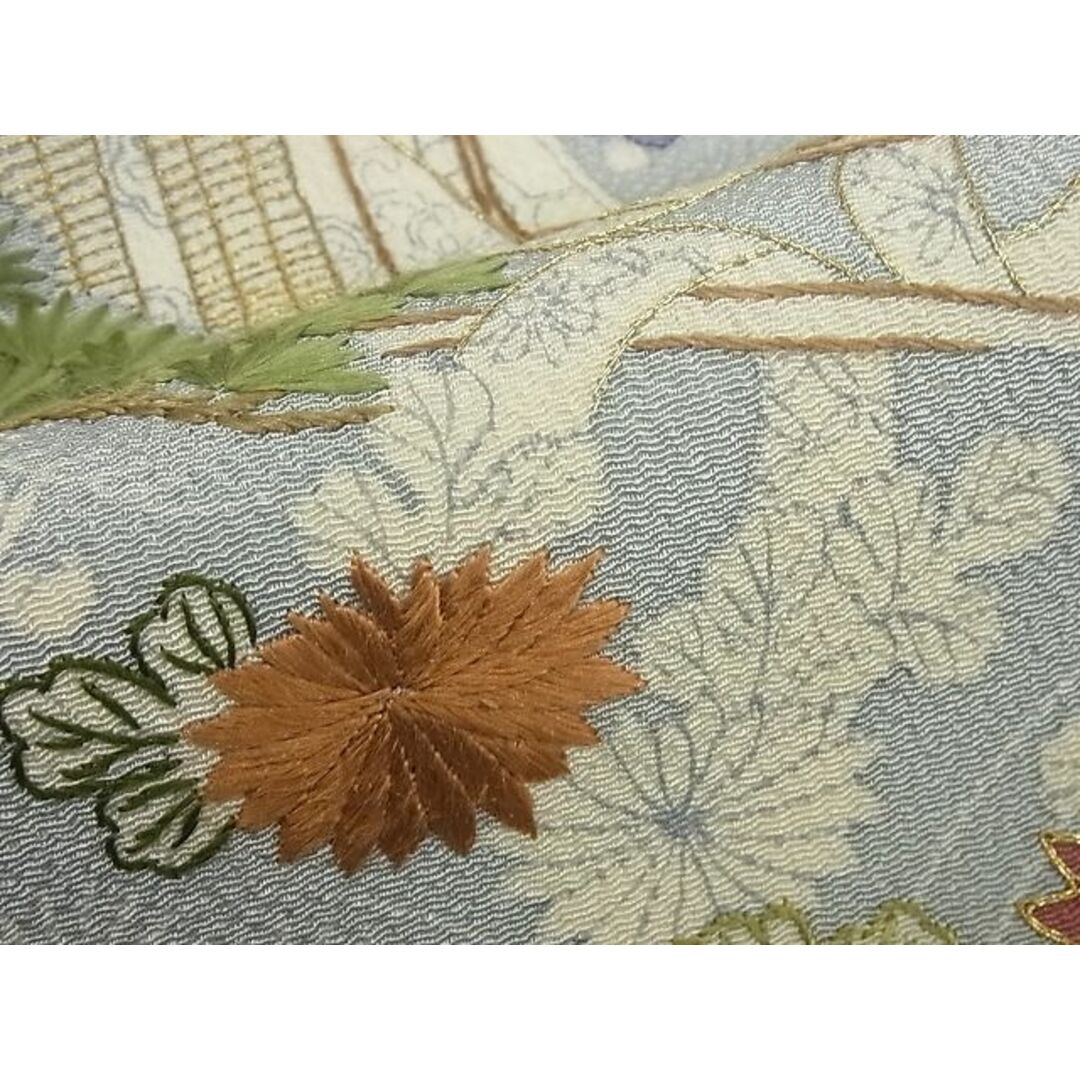 九寸名古屋帯 駒刺繍 御所車花松文 鬼しぼ縮緬 金糸 未使用 m-3s2488