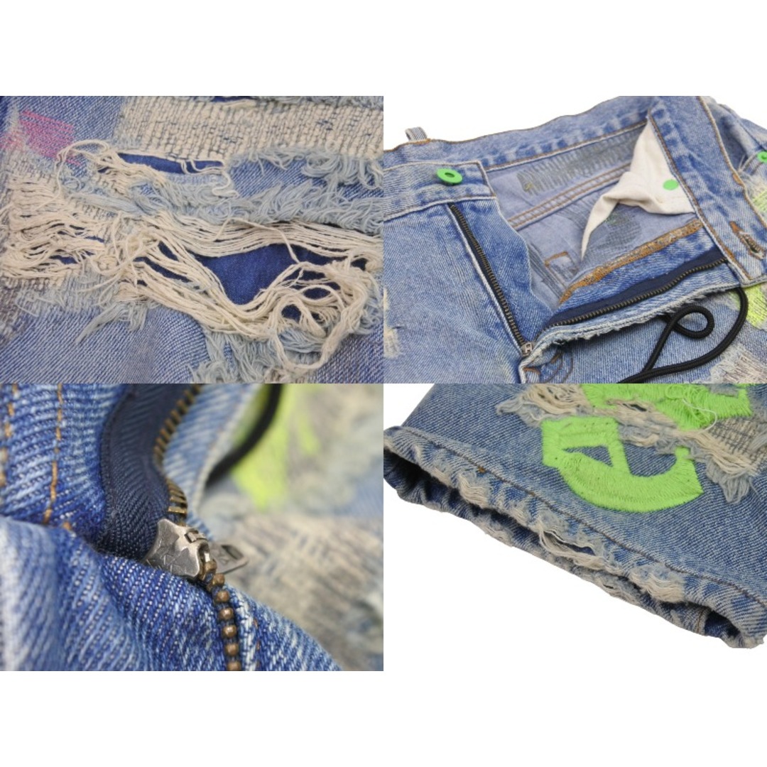 ENDLESS DENIM エンドレスデニム デニムパンツ ファーストモデル ダメージ加工 刺繍 ブルー グリーン サイズ32 美品 中古 53855 メンズのパンツ(デニム/ジーンズ)の商品写真