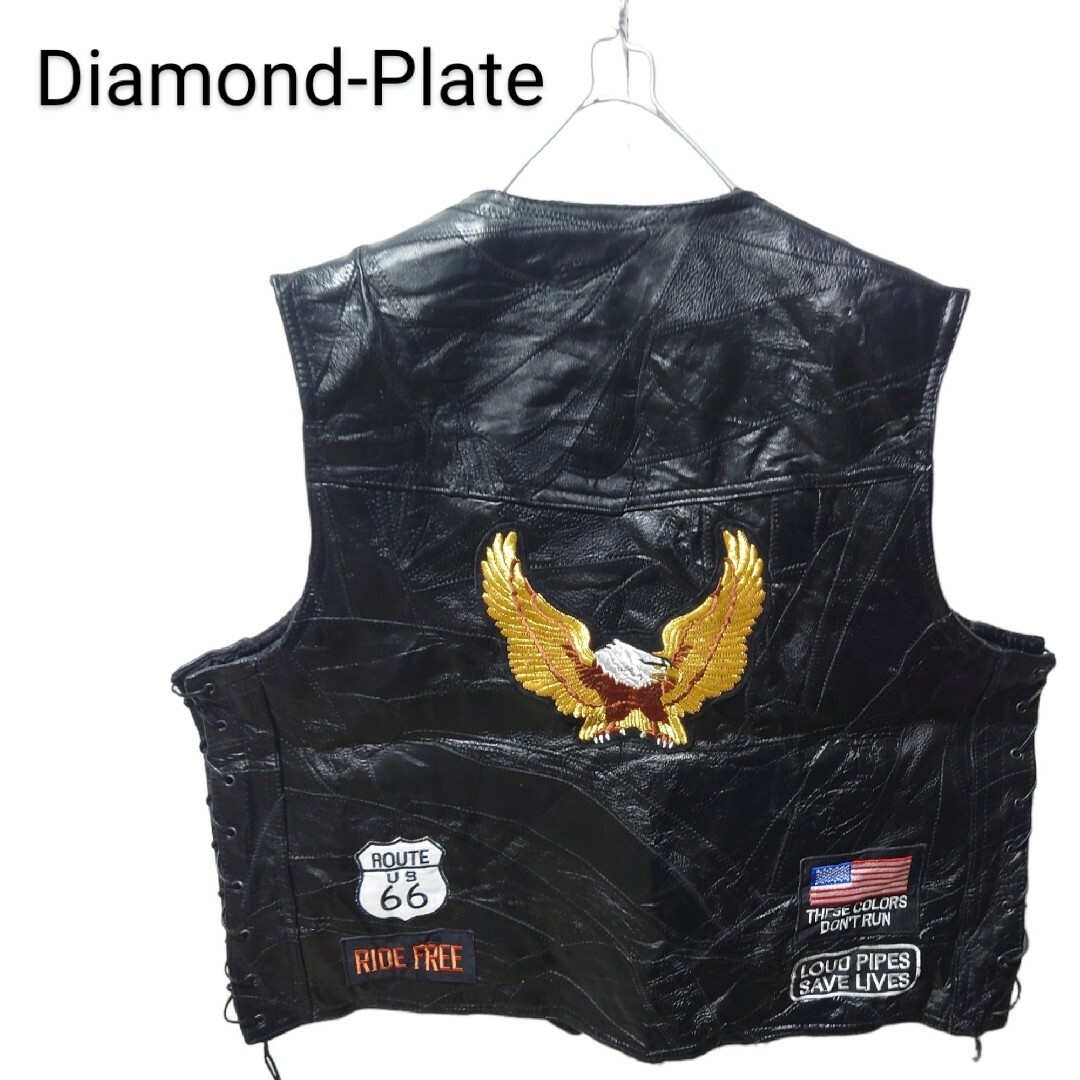 【Diamond-Plate】本革 バイカー レザーベスト 刺繍 A-1215