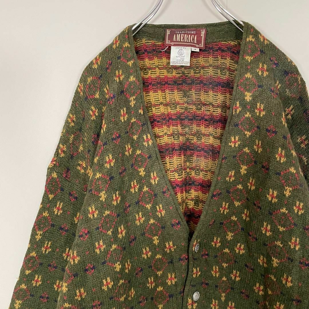 人気グリーン、総柄カーディガン◎】vintage一点ものレトロ90s緑