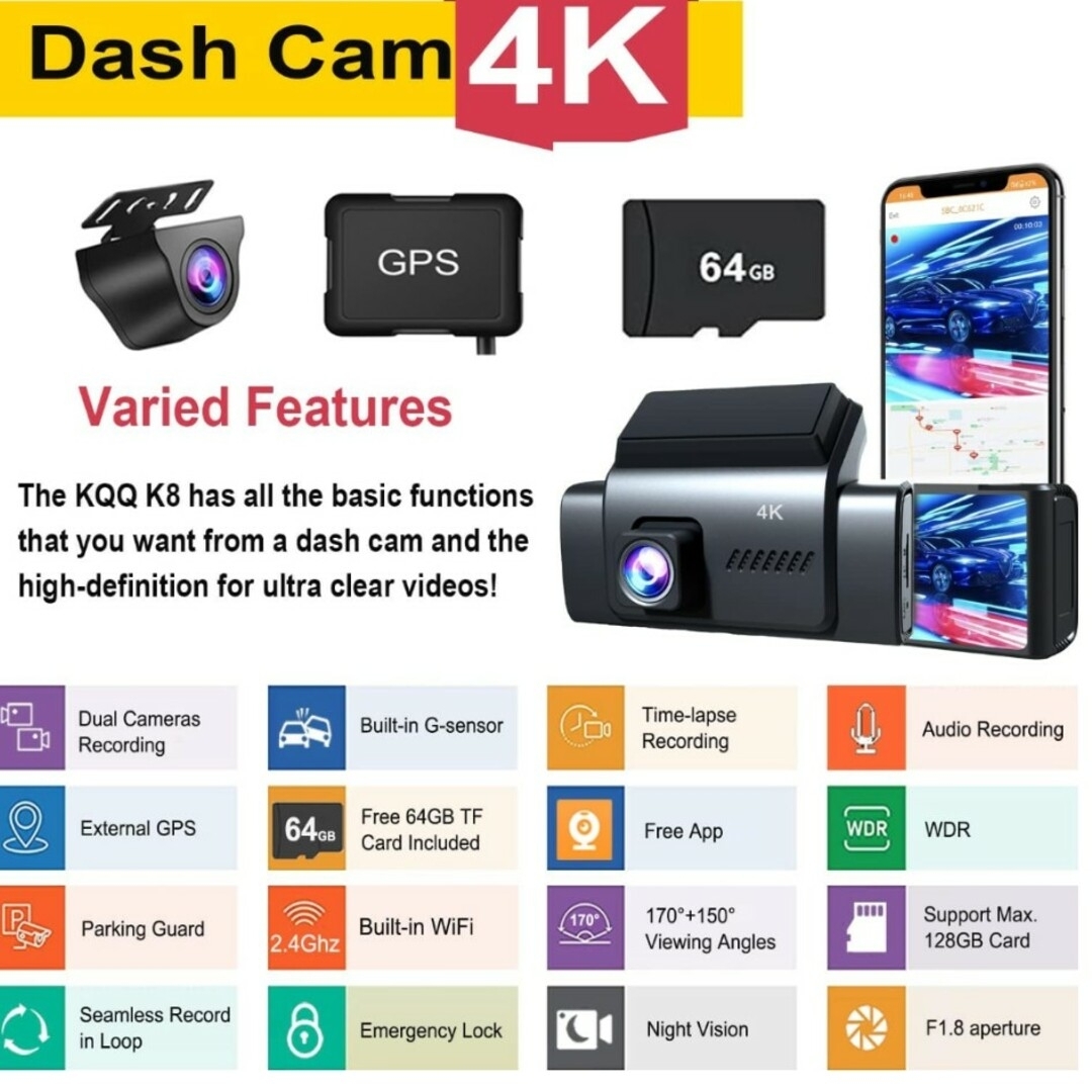 【2022年最新作】KQQ ドライブレコーダー前後カメラ4K+1080P画質
