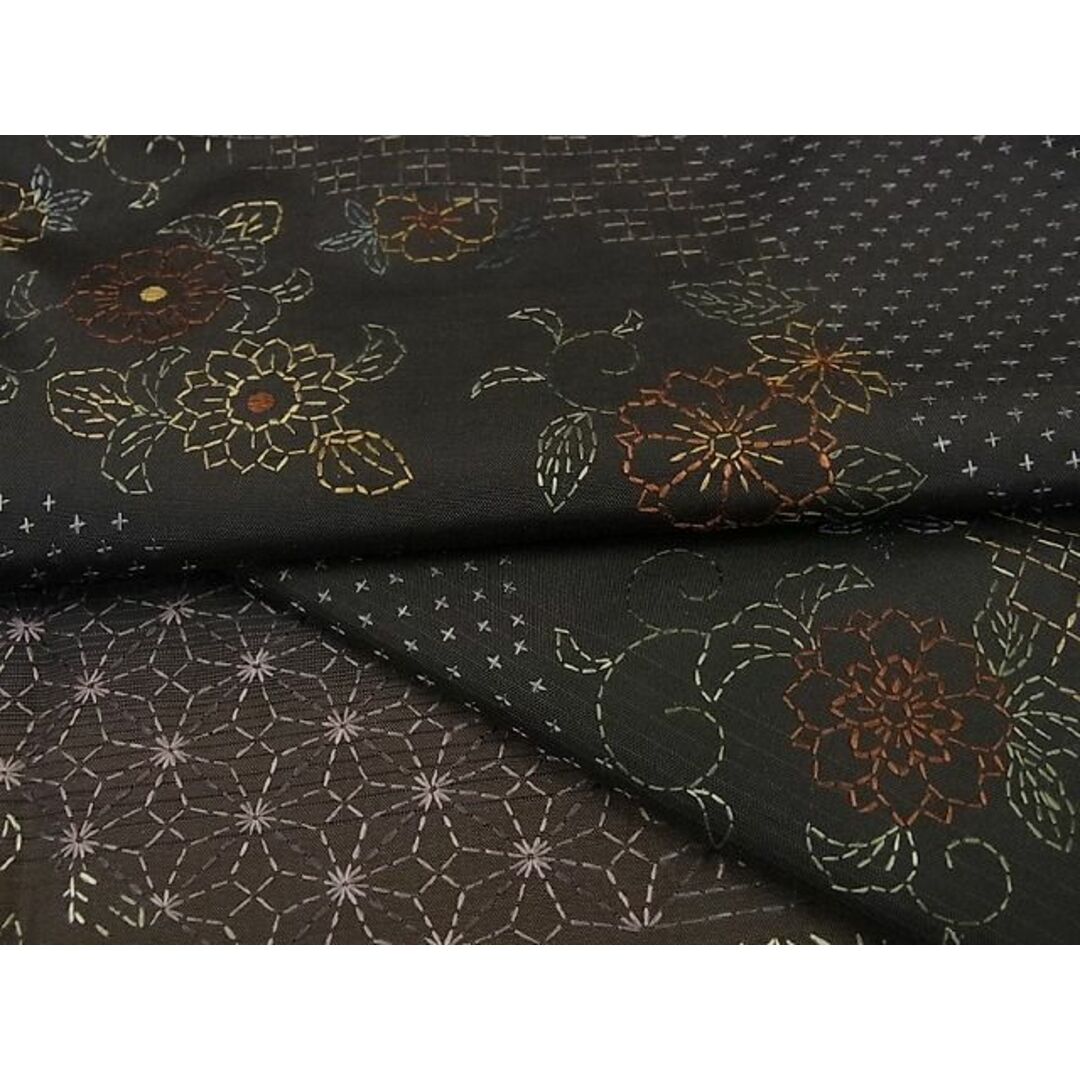 平和屋1■極上　紬　刺し子　総刺繍　道長花文　逸品　未使用s7854